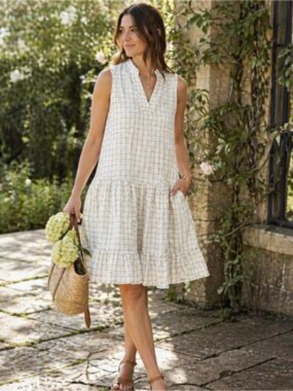 Hudson North Linen Sleeveless Ruffle Grid Print Tiered Summer Dress White Green